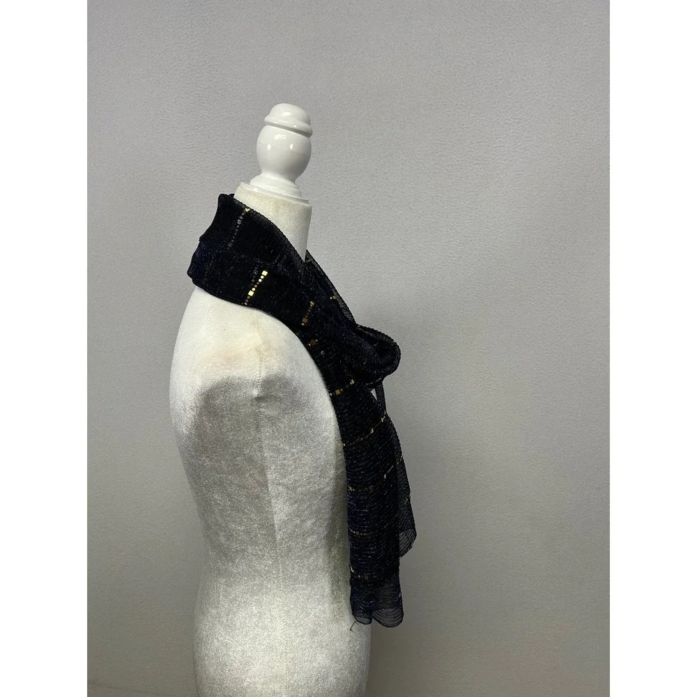 Evening Glam Womens OS Navy Blue Gold Sequin Pleated Mesh Shawl Scarf